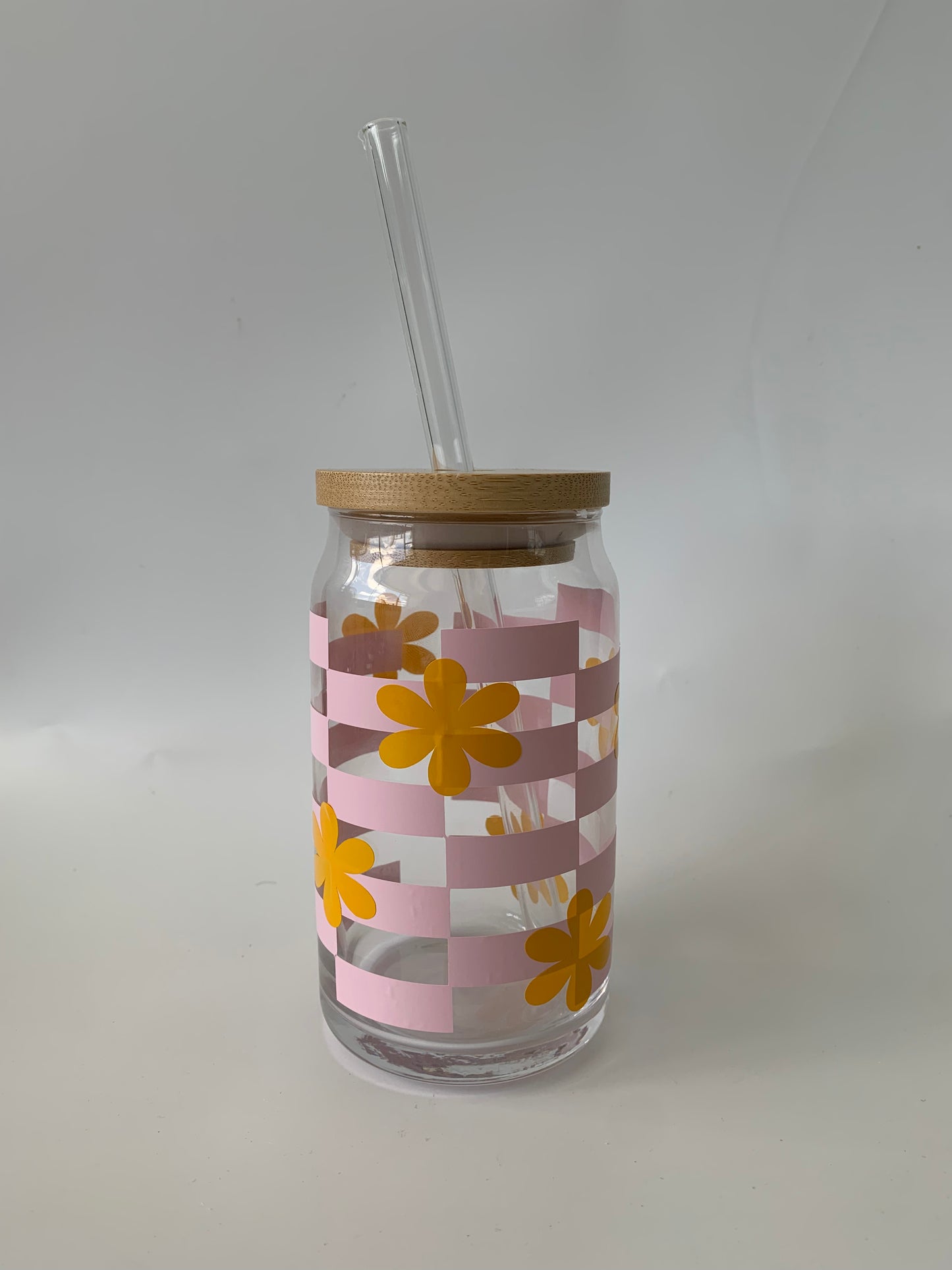 Coffee Cup Checkered with Flower w/ Lid and Straw