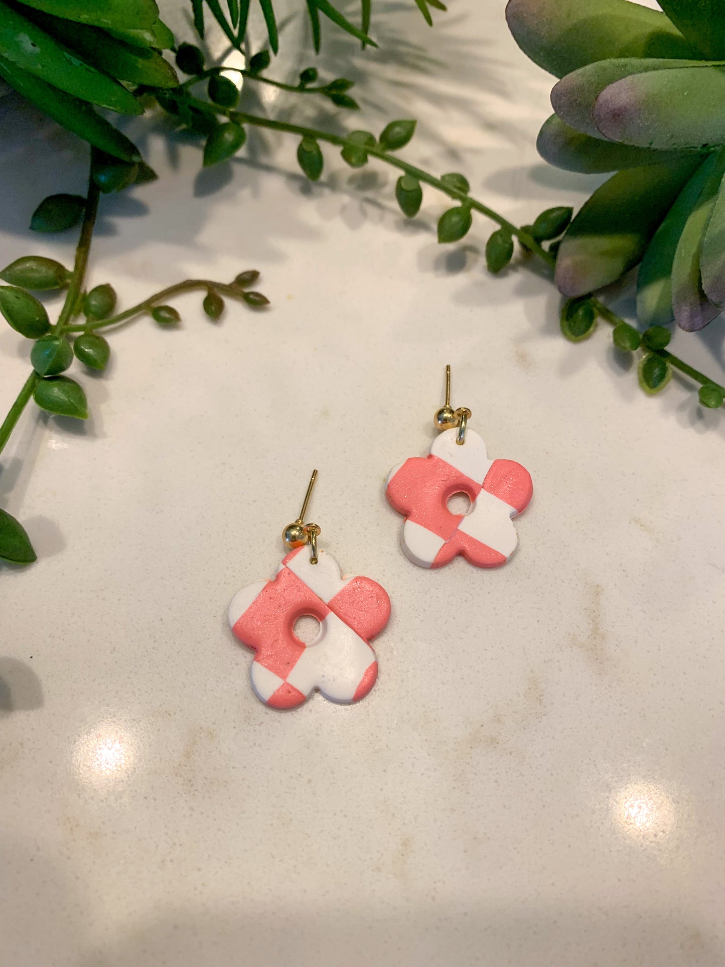 Earrings Daisy Checkered Pink